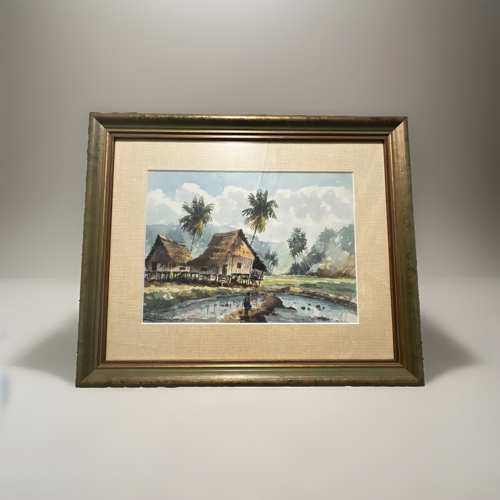 A.J. Rahman Signed Original Watercolor Painting Malaysian Village Landscape
